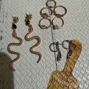 Gold-tone Snake Drop Earrings + Mixed Ring Set
